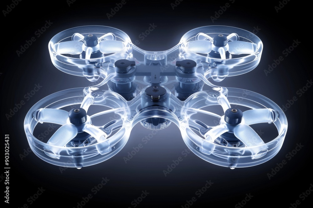 Poster transparent drone with intricate components on a black background showcasing advanced technology and