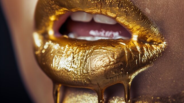 Golden lipstick dripping from sexy lips of beautiful model girl Creative beauty woman face makeup closeup : Generative AI - Powered by Adobe