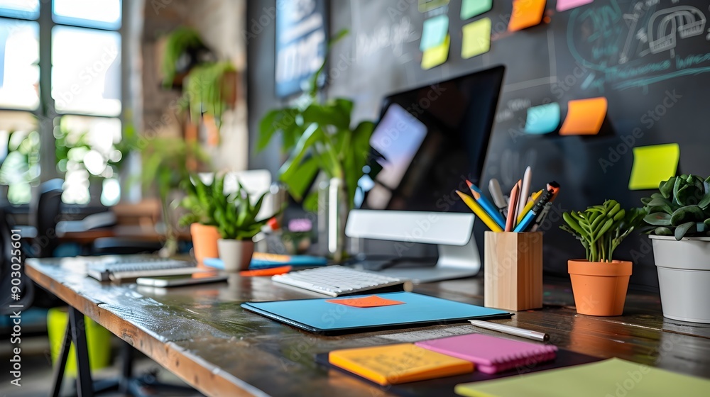 Poster colorful workspace with sticky notes and computer highlighting brainstorming process