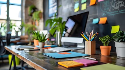 Colorful Workspace with Sticky Notes and Computer Highlighting Brainstorming Process