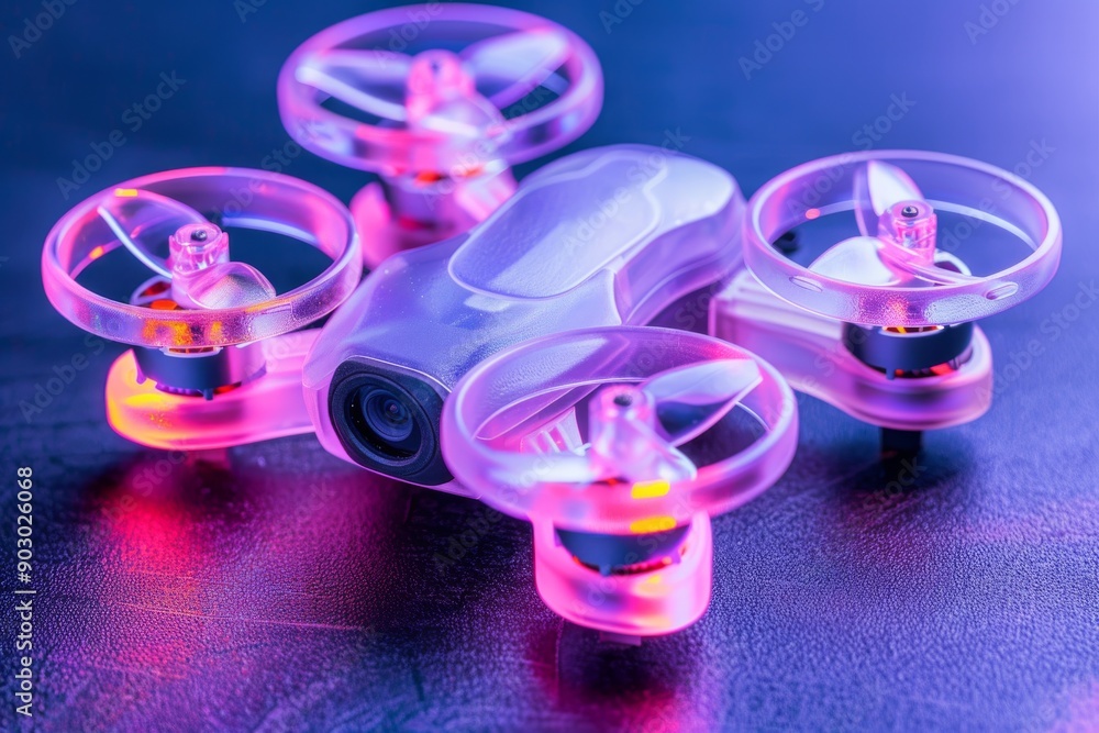 Poster small drone with pink neon propellers on a reflective surface showcasing advanced technology and sle