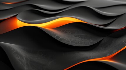 Abstract black waves flowing and glowing orange light
