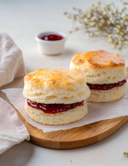 Delicious Homemade Biscuits Filled with Sweet Jam on Wooden Cutting Board with Soft Checkered Cloth