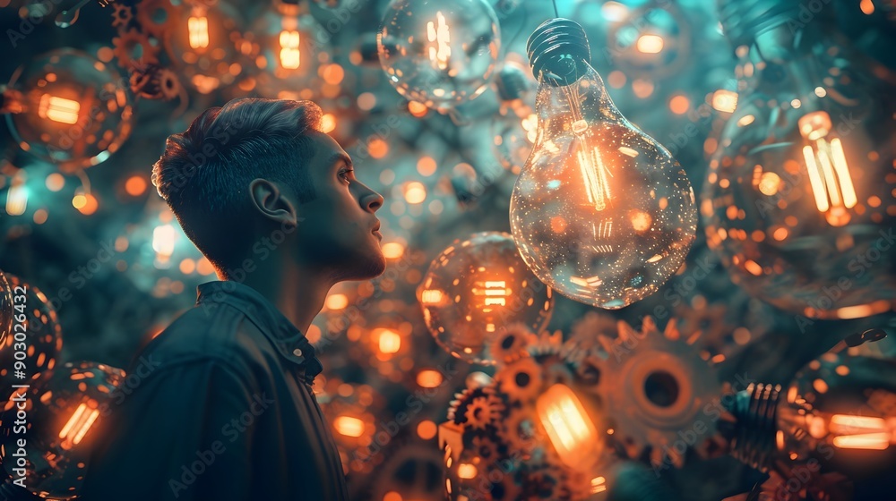 Poster person surrounded by floating lights and gears representing idea and concept