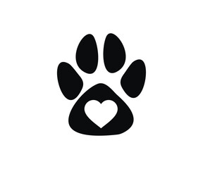 Paw print with heart black icon. Dog or cat pet foot print vector design and illustration.
