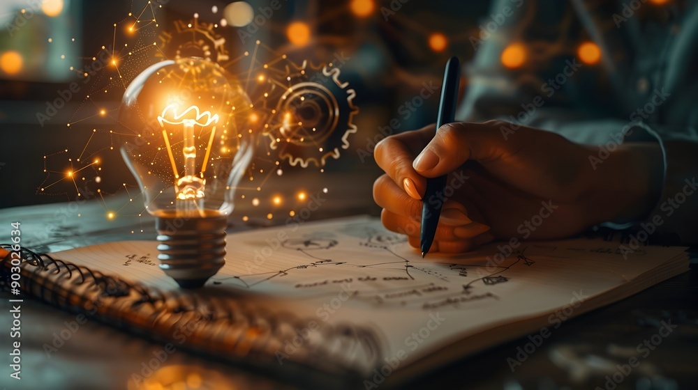 Poster conceptual idea with light bulb and gears overlay on writing notepad