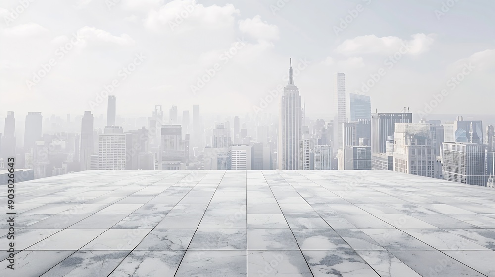Poster Empty square floor and city skyline with building background : Generative AI