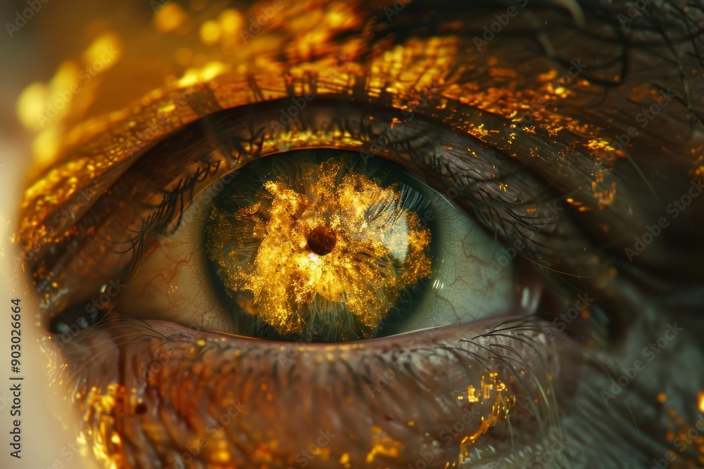 Poster Eye with fiery patterns and vivid colors showcasing intense emotion and intricate details in a close up photography.