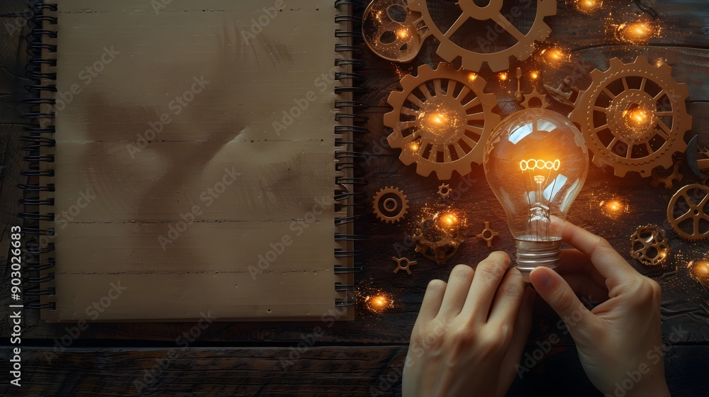 Poster creativity concept with lightbulb gears and notebook on wooden background