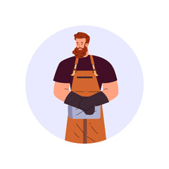 Blacksmith man, vector cartoon professional farrier worker character in leather apron gloves, medieval smith craftsman