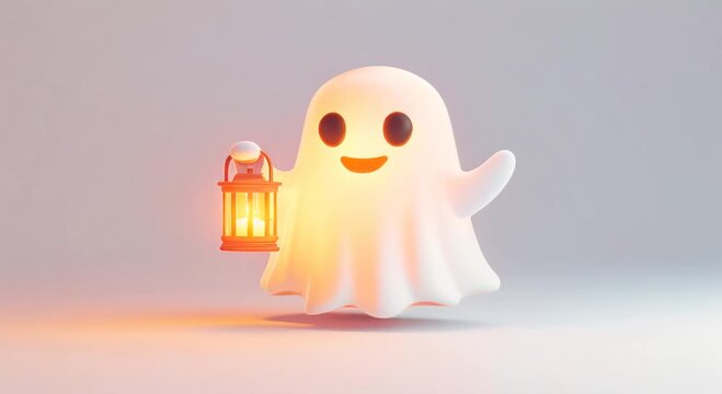 Charming 3D ghost holding a lantern with a cute smile