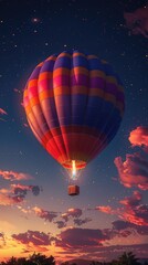Fototapeta premium Breathtaking view: beautiful hot air balloon soaring above stunning marvellous landscape, capturing essence of adventure, serenity with vibrant colors and picturesque scenery in awe-inspiring sight.