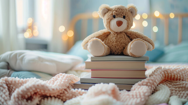Kids books, Pile of storybooks on a child's bed, Soft and warm colors, Plush toys around