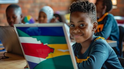 A young boy smiles while using a laptop featuring the South African flag in a vibrant classroom filled with other students.