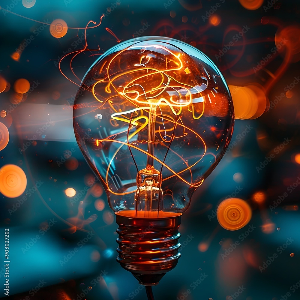 Poster glowing light bulb surrounded by flowing abstract shapes symbolizing dynamic ideas and innovation