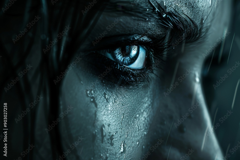 Poster close up of an eye with intense blue patterns and dark background highlighting intricate details and