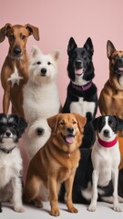 Vibrant canine assembly diverse breeds of all sizes calmly posing together in various rows. Neutral background highlights their colorful array.