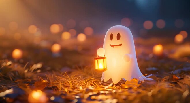 Charming 3D ghost holding a lantern with a cute smile