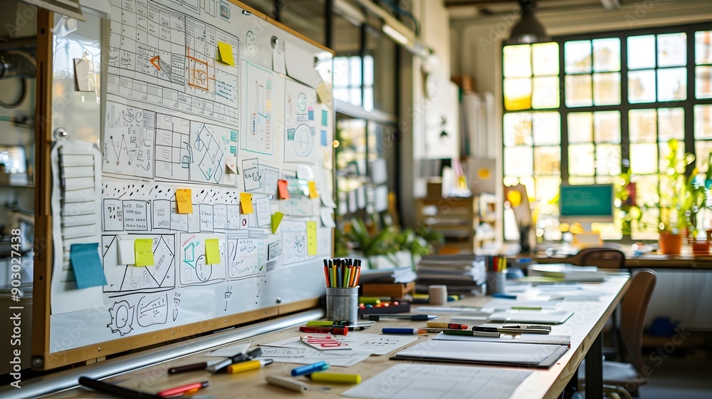 Poster creative workspace with whiteboard and colorful markers showcasing brainstorming and idea concept