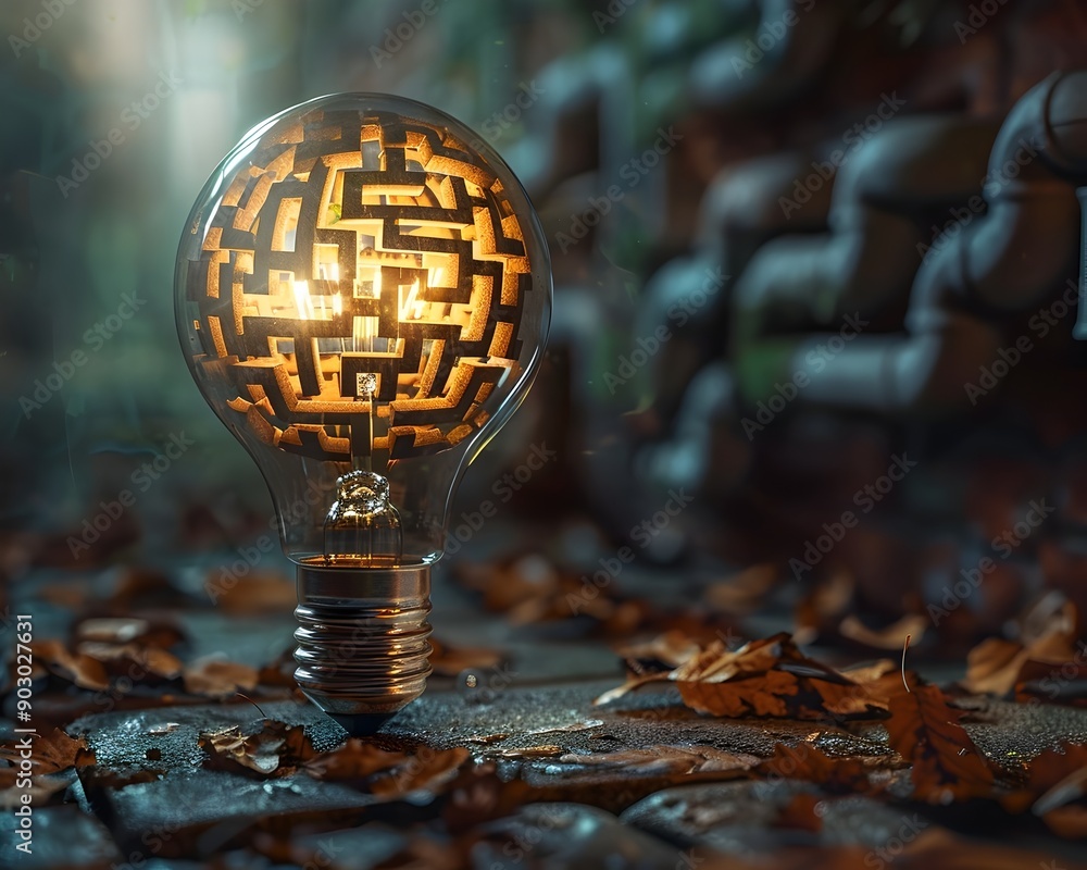 Poster navigating the complexities of innovative thinking maze patterned light bulb concept