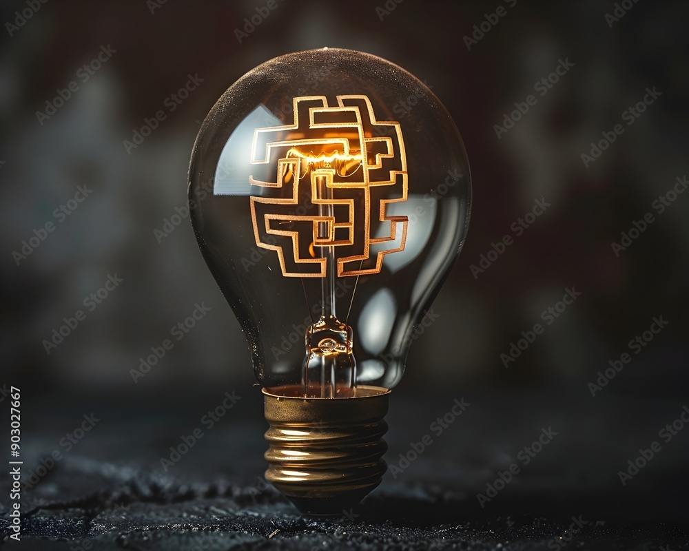 Poster illuminating the path of innovative thinking navigating complex ideas with a glowing maze within a l