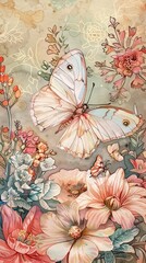 Beautiful white butterfly flying over blooming pink flowers
