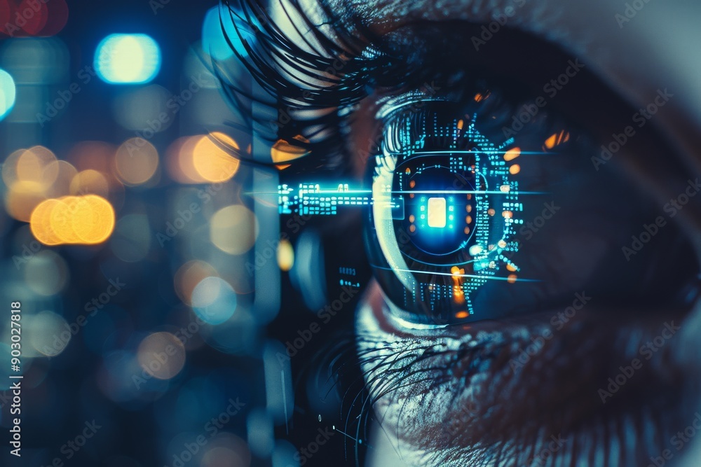 Poster eye with cybernetic elements and neon reflections showcasing advanced technology and intricate detai