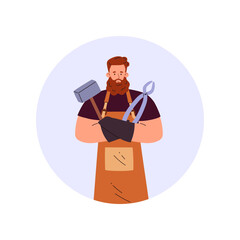 Medieval blacksmith in an apron with a hammer and tongs in a round frame.