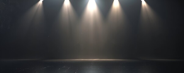 Naklejka premium Empty stage is illuminated by spotlights shining through smoke
