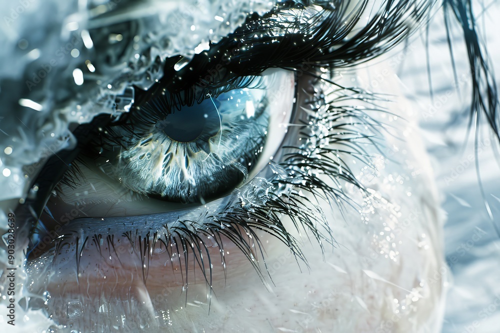 Poster close up of an eye with frost patterns highlighting intricate details and cool colors in a winter se