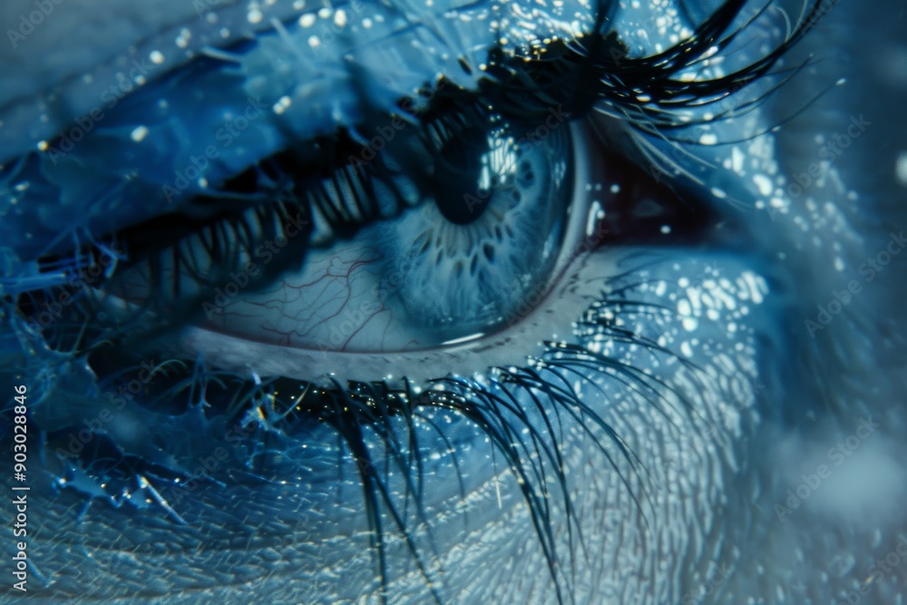 Poster close up of an eye with ice and frost patterns showcasing intricate details and cool colors in a win