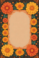an elegant framed picture of marigold flowers with an elegant decorative frame and blank space