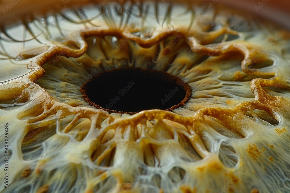 Poster close up of an eye with intricate patterns showcasing vibrant colors and detailed textures in a high