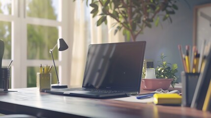 Laptop and office supplies on desk at home office : Generative AI