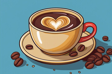 Obraz premium Taza de café con granos tostados de café alrededor y un corazón en el café.