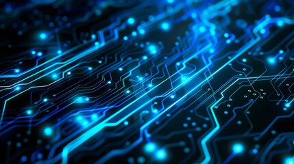 Circuit on dark grey background. Circuit and glows subtly with light blue neon light.