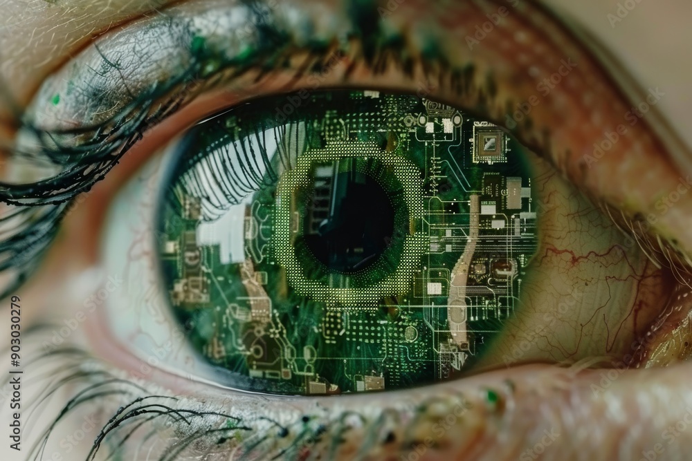 Poster close up of an eye with green digital patterns showcasing intricate details and advanced technology 