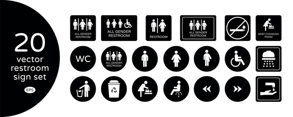 All Gender Restroom Flat Design Sign Set. Gender Neutral Toilet, Shower, No smoking, Bidet, Baby Changing, Trash Can Icons on Black Background for Web, Mobile App, Office, Mall, Restaurant.	