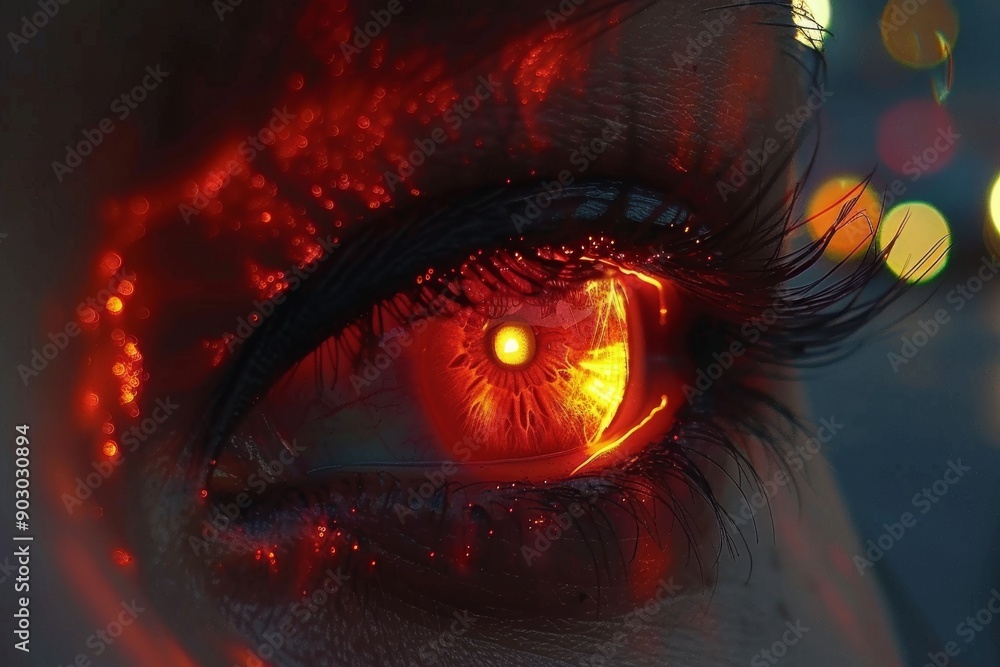 Poster eye with red and orange digital reflections highlighting intricate details and advanced technology i