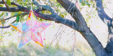 Texas's Lone Star Glow: A rustic star lantern, hung from a branch of a sprawling live oak tree, casting a warm glow on the surrounding grass.