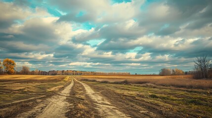 Obraz premium Autumn rural landscape in retro style Panorama of autumn field with dirt road and cloudy sky : Generative AI