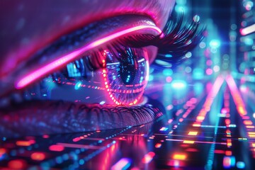 Eye with neon pink reflections showcasing vibrant colors and futuristic elements in a high definition photography.