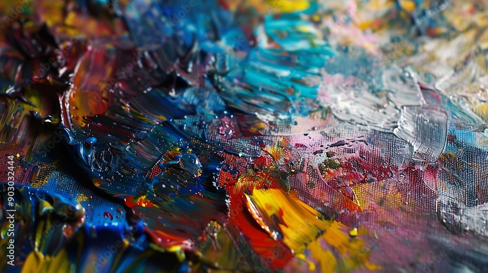 Poster Abstract artistic painting on canvas Brush and colors on the table : Generative AI