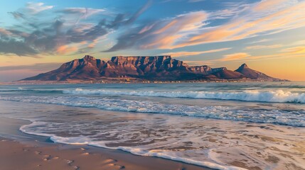 Table Mountain at sunset from Blouberg Beach with waves rolling in : Generative AI