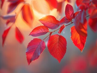 Obraz premium Red autumn leaves on a branch, illuminated by golden sunlight, bright and vivid, high angle, macro shot