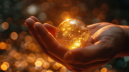 Businessman's hand trading currency for cryptocurrency, shiny gold coin with hologram, abstract investment graphics softly glowing behind, macro shot for detailed emphasis