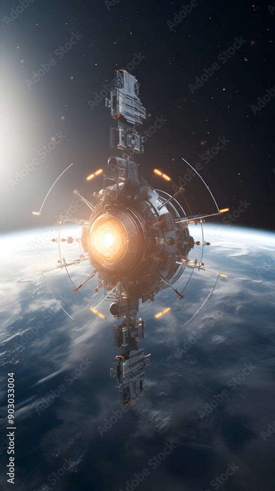 Poster a futuristic spaceship hovers over a planet, its glowing core casting light on the clouds below. the