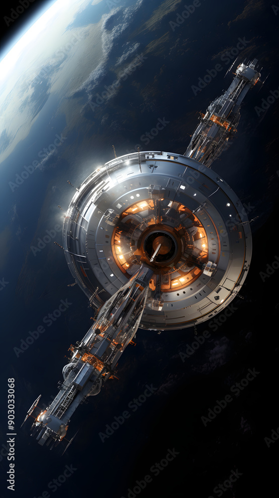 Poster a futuristic spaceship orbits a blue planet with clouds in space. the spaceship is a circular struct