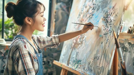 Obraz premium Happy asian woman artist drawing picture on canvas in studio : Generative AI
