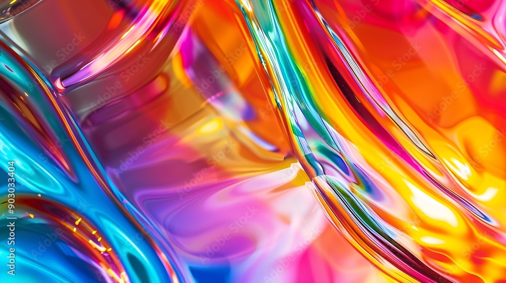 Poster A complex interplay of rainbow colors creates a liquidlike abstraction on a 3d glass surface with warped and stretched light : Generative AI